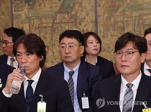 국회 출석한 홍명보-이임생(서울=연합뉴스) 신준희 기자 = 축구 국가대표팀 홍명보 감독(왼쪽)과 이임생 대한축구협회 기술총괄이사가 24일 국회에서 열린 문화체육관광위원회 전체회의에 출석, 나란히 앉아 있다. 2024.9.24 hama@yna.co.kr