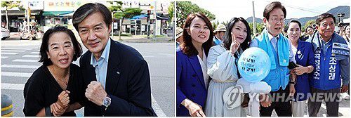 지방자치단체 재선거 지지 호소하는 야당 대표들(영광·곡성=연합뉴스) 정다움 김혜인 기자 = 10·16 전남 영광·곡성군수 재선거를 앞두고 야당 대표들이 총출동했다. 사진은 이날 영광군 한 교차로·곡성군민회관 앞에서 시민들과 각각 사진을 찍는 조국혁신당 조국 대표(왼쪽)와 더불어민주당 이재명 대표(오른쪽) 모습. 2024.9.24 daum@yna.co.kr