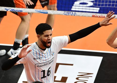 포효하는 레오(서울=연합뉴스) 현대캐피탈 레오가 24일 안산 상록수체육관에서 열린 프로배구 남자부 OK저축은행과의 방문 경기에서 득점한 뒤, 기뻐하고 있다. [한국배구연맹 제공. 재판매 및 DB금지]