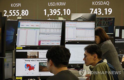 트럼프 우세에 치솟은 환율·금리…1,420원 전망까지 (서울=연합뉴스) 이진욱 기자. 사진은 6일 오후 서울 중구 하나은행 본점 딜링룸 모습. 2024.11.6 cityboy@yna.co.kr