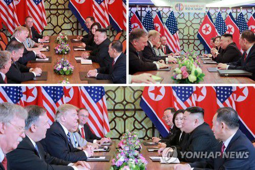 김정은-트럼프, 확대정상회담에서 대좌(서울=연합뉴스) 북한 노동당 기관지 노동신문은 1일 지난달 28일 베트남 하노이에서 열린 제2차 북미정상회담을 보도했다. 사진은 김정은 국무위원장과 도널드 트럼프 미국 대통령이 확대정상회담을 하고 있는 모습. 북측에서는 김영철 당 부위원장과 리용호 외무상이, 미측에서는 마이크 폼페이오 국무장관과 믹 멀베이니 백악관 비서실장 대행, 존 볼턴 백악관 국가안보회의(NSC) 보좌관이 배석했다. 2019.3.1      [국내에서만 사용가능. 재배포 금지. For Use Only in the Republic of Korea. No Redistribution] nkphoto@yna.co.kr