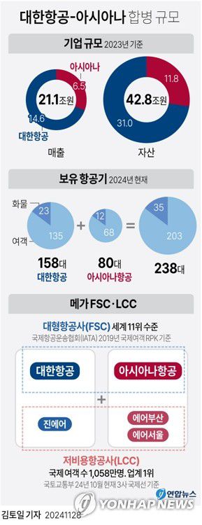 [그래픽] 대한항공-아시아나항공 합병 규모(서울=연합뉴스) 김토일 기자 = kmtoil@yna.co.kr     페이스북 tuney.kr/LeYN1 X(트위터) @yonhap_graphics