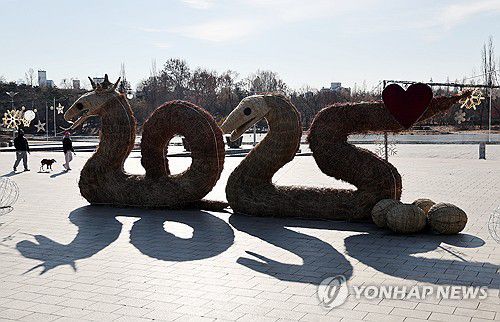 2025 맞이 ‘억새뱀 부부 조형물’(서울=연합뉴스) 윤동진 기자 = ‘푸른 뱀의 해’인 을사년(乙巳年)을 앞둔 29일 서울 상암동 월드컵공원에 ‘2025’ 글자 모양의 억새로 만든 조형물(억새뱀 부부)이 설치돼 있다. 2024.12.29 mon@yna.co.kr