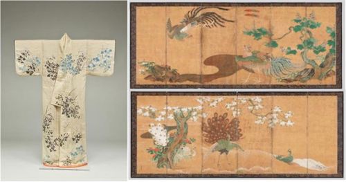 한·일 교류 전시 주요 전시품  왼쪽은 도쿄국립박물관이 소장한 중요 문화재 '가을풀무늬 고소데', 오른쪽은 국립중앙박물관이 소장한 '봉황공작도 병풍' [국립중앙박물관 제공. 재판매 및 DB 금지]