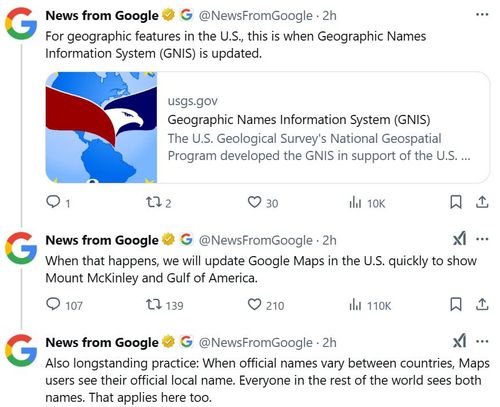 미국에서 멕시코만 명칭 변경 방침 알리는 구글 게시물[구글 X 게시물 캡처. 재판매 및 DB 금지]