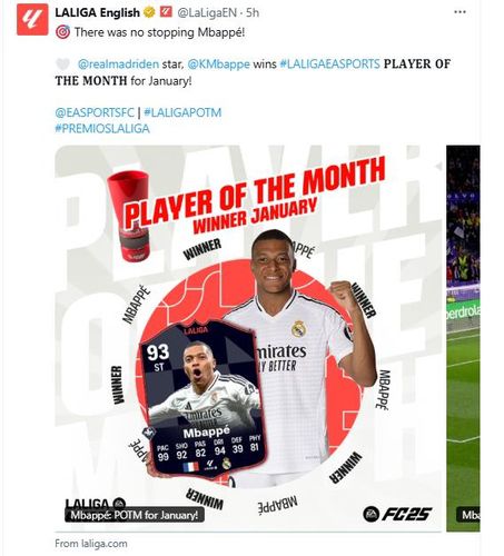 음바페의 이달의 선수상 수상 소식을 전한 라리가.[라리가 엑스(X). 재판매 및 DB 금지]