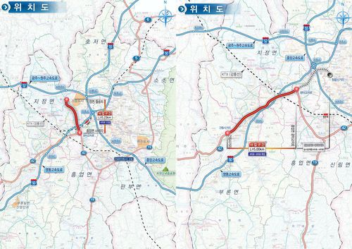 흥업∼지정 우회도로 4차로 신설(좌), 문막∼흥업 6차로 확장 노선 위치도[원주시 제공.재판매 및 DB 금지]