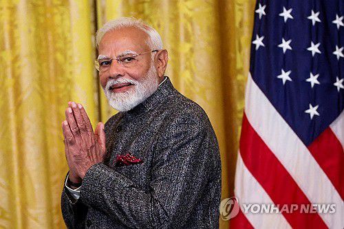 나렌드라 모디 인도 총리(워싱턴 로이터=연합뉴스) 13일(현지시간) 백악관에서 정상회담 후 공동 기자회견에 참석한 나렌드라 모디 인도 총리 2025.2.14 photo@yna.co.kr