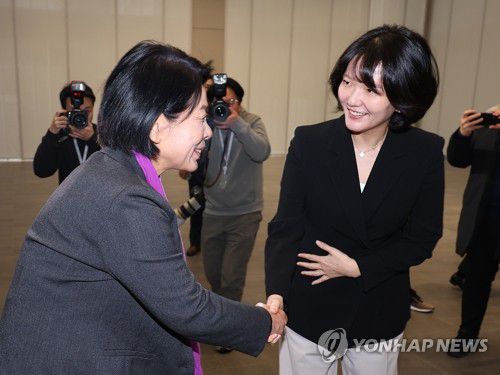 인사 나누는 최민희 과방위원장과 최수연 대표(성남=연합뉴스) 김도훈 기자 = 국회 과학기술정보방송통신위원회(과방위) 최민희 위원장과 최수연 네이버 대표가 19일 경기도 성남시 네이버 본사에서 간담회에 앞서 인사를 나누고 있다. 2025.2.19 superdoo82@yna.co.kr