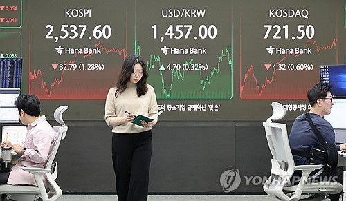 코스피 1.3% 내려 2,530대서 마감(서울=연합뉴스) 이진욱 기자 = 코스피가 11일 미국의 경기 침체 우려와 증시 급락 영향으로 1% 넘게 내려 2,530대에서 장을 마쳤다. cityboy@yna.co.kr (끝)