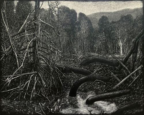 마리안토, The Shadow behind Roots(Karimun Jawa Islands), 2025, Sgraffito and acrylic on canvas, 80 x 100 cm [여 워크숍, 지갤러리 제공. 재판매 및 DB 금지]