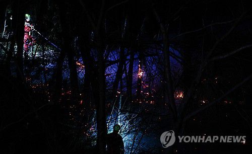 야간까지 이어지는 산불 진화작업(산청=연합뉴스) 김동민 기자 = 경남 산청에서 발생한 대형 산불이 이틀째로 접어든 22일 산청군 산불 현장에서 야간 산불 진화작업이 이어지고 있다. 2025.3.22 image@yna.co.kr