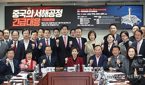 중국의 서해공정 긴급대응 국회토론회(서울=연합뉴스) 박동주 기자 = 25일 서울 여의도 국회 의원회관에서 열린 '중국의 서해공정 긴급대응 국회토론회'에서 국민의힘 권영세 비상대책위원장, 나경원, 박덕흠 의원 등 참석자들이 기념촬영을 하고 있다. 2025.3.25 pdj6635@yna.co.kr