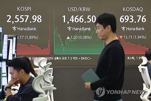 코스피·코스닥 지수 하락 마감(서울=연합뉴스) 서대연 기자 = 28일 서울 중구 하나은행 본점 딜링룸 현황판에 코스피, 코스닥 지수가 표시돼 있다.  2025.3.28     dwise@yna.co.kr (끝)