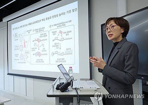mRNA 백신 작동원리 규명한 RNA 연구단(서울=연합뉴스) 류영석 기자 = 기초과학연구원(IBS) RNA연구단장을 맡고 있는 김빛내리 서울대 생명과학부 석좌교수가 지난 2일 서울 관악구 서울대학교에서 연구단의 mRNA 백신 작동원리 세계 최초 규명과 관련해 기자간담회를 하고 있다. 2025.4.4 ondol@yna.co.kr