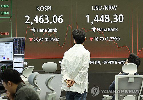 코스피·환율, 1%대 하락 출발(서울=연합뉴스) 이재희 기자 = 윤석열 대통령 탄핵심판 선고일인 4일 서울 중구 하나은행 본점 딜링룸에서 직원들이 업무를 보고 있다. 이날 코스피는 전장보다 34.29포인트 내린 2452.41로 시작했다. 2025.4.4 scape@yna.co.kr