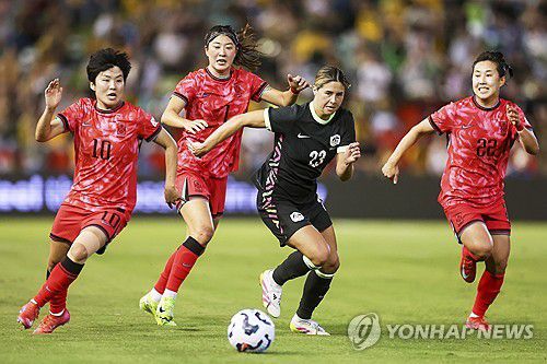호주 선수를 쫓는 여자축구대표팀 선수들[AAPImage via AP=연합뉴스. 재판매 및 DB 금지]