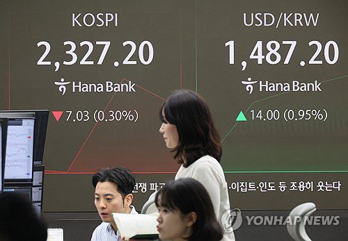 (서울=연합뉴스) 이정훈 기자 = 9일 서울 중구 하나은행 본점 딜링룸 현황판에 코스피, 원/달러 환율이 표시돼 있다. 2025.4.9 uwg806@yna.co.kr