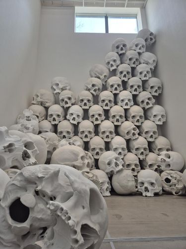 100개의 두개골 '매스'(서울=연합뉴스) 황희경 기자 = 국립현대미술관 서울관에서 11일 개막하는 론 뮤익의 개인전에 전시된 '매스'. 100개의 두개골 형상을 층고 14m 전시장에 설치한 작품이다. 2025.4.10. zitrone@yna.co.kr