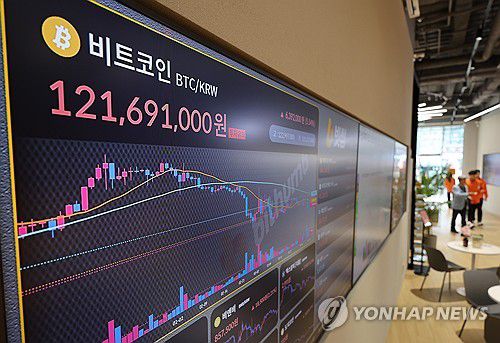 미국 상호관세 유예에 급반등한 비트코인(서울=연합뉴스) 서명곤 기자 = 가상화폐 대장주 비트코인이 중국을 제외한 주요 교역국에 대한 90일 상호관세 부과 유예 발표로 크게 오른 10일 서울 서초구 빗썸라운지 전광판에 비트코인 가격이 표시돼있다. 2025.4.10 seephoto@yna.co.kr