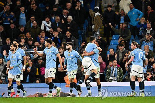 득점 세리마니 하는 맨시티 선수들.[AFP=연합뉴스]