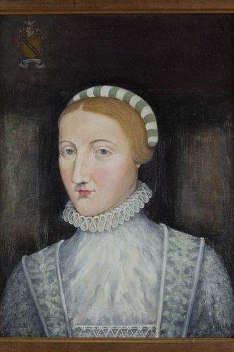 셰익스피어의 부인 앤 해서웨이당대에 그려진 셰익스피어 부인 앤 해서웨이의 초상화를 보고 1708년에 그려진 것으로 추정되는 펜 스케치를 바탕으로 로저 브라이언 던이 그린 유화 초상화. [셰익스피어 생가 트러스트 공개 사진]