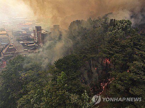 민가 위협하는 산불(대구=연합뉴스) 윤관식 기자 = 28일 오후 2시 1분께 대구 북구 노곡동 함지산에서 발생한 산불이 인근인 조야동 민가까지 확산하고 있다. 2025.4.28 psik@yna.co.kr