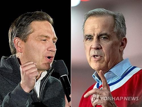 캐나다 집권 자유당의 카니 총리(오른쪽)와 야권 보수당의 포일리에브르 대표[AFP 연합뉴스 자료사진. 재판매 및 DB 금지]