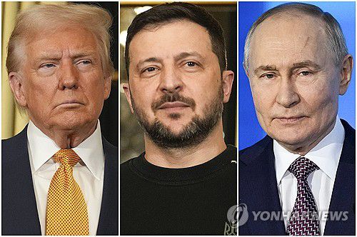 왼쪽부터 도널드 트럼프 미 대통령, 볼로디미르 젤렌스키 우크라이나 대통령, 블라디미르 푸틴 러시아 대통령[AP 연합뉴스 자료사진. 재판매 및 DB 금지]