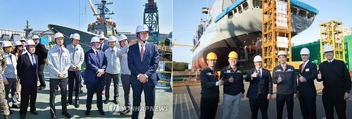 HD현대중공업(왼쪽), 한화오션(오른쪽) 방문한 존 펠란 미 해군성 장관 [연합뉴스 자료사진]