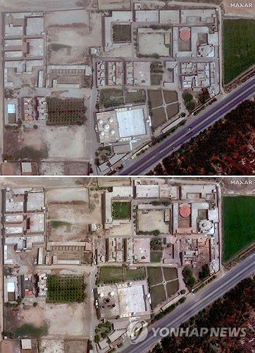 인도·파키스탄 무력 충돌인도의 미사일 공격 전후 파키스탄 펀자브주 바하왈푸르 인근 자미아 마스지드 수브한 알라 사원을 비교한 위성 사진. 위 사진은 미사일 공격 전인 지난 2일에 찍은 것이며 아래 사진은 지난 7일에 찍은 것. [AFP 연합뉴스 자료사진. 재판매 및 DB 금지]