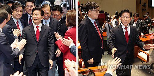 김문수 후보 의원총회장 '들어갈 때와 나올 때'(서울=연합뉴스) 김주성 기자 = 국민의힘 김문수 대선 후보가 9일 서울 여의도 국회에서 열린 의원총회에 기립박수를 받으며 참석하고 있다(왼쪽 사진). 이후 권영세 비상대책위원장과 '후보 단일화' 문제를 두고 충돌한 뒤 도중에 퇴장하고 있다(오른쪽 사진). 2025.5.9 utzza@yna.co.kr