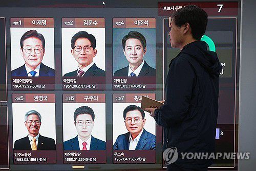 본격 레이스 시작된 제21대 대선(과천=연합뉴스) 서대연 기자 = 제21대 대통령 선거를 22일 앞두고 공식 선거운동이 시작된 5월 12일 경기도 과천시 중앙선거관리위원회 현황판에 대선 후보자 등록현황 등이 표시돼 있다. [연합뉴스 자료사진]