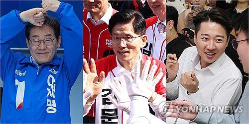 시민들과 소통하는 이재명·김문수·이준석 대선후보들(서울=연합뉴스) 황광모 박동주 유영석 기자 = 14일 더불어민주당 이재명 대선 후보(사진 왼쪽부터)가 부산진구 서면에서, 국민의힘 김문수 대선 후보가 경남 진주시 진주광미사거리에서, 개혁신당 이준석 대선 후보가 부산 금정구 부산대학교에서 시민들과 소통하고 있다. 2025.5.14 photo@yna.co.kr