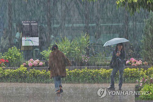 쏟아지는 비(서울=연합뉴스) 진연수 기자 = 전국 대부분 지역에 비 또는 소나기가 내리는 16일 서울 광장에서 시민들이 발걸음을 재촉하고 있다. 2025.5.16 jin90@yna.co.kr