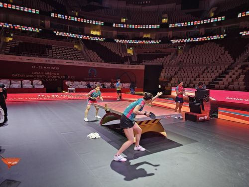 도하 도착 후 훈련 중인 탁구 여자대표팀 선수들[대한탁구협회 제공. 재판매 및 DB 금지]