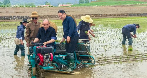 평양 북중협동농장에서 농기계 운전하는 펑춘타이 공사[주북 중국대사관 제공. 재판매 및 DB 금지]