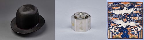 주요 전시품왼쪽부터 퍼시벌 로웰이 한국 체류 중 선물 받은 서양 신사 모자, 조선 내무부가 마벨 폴링에게 선사한 잉크통, 쌍학흉배 [미국 피보디에식스박물관 제공. 재판매 및 DB 금지]