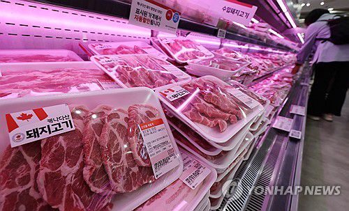 4월 축산물 물가 상승(서울=연합뉴스) 이진욱 기자 = 농림축산식품부는 4월 소비자물가 동향에서 축산물 물가 지수가 4.8% 올랐다고 2일 밝혔다. 사진은 2일 서울 대형마트에 진열된 돼지고기. 2025.5.2 cityboy@yna.co.kr