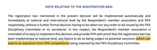 광주FC에 대한 징계결정문의 'FIFA 주관 대회 참가 자격 상실' 언급한 부분[FIFA 징계결정문 캡처. 재판매 및 DB 금지]