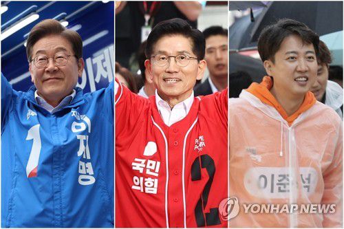 이재명, 김문수, 이준석 후보(서울=연합뉴스) 19일 서울 영등포구 타임스퀘어에서 유세하는 이재명 후보(왼쪽부터), 서울역 광장에서 유세하는 김문수 후보, 17일 홍대패션거리에서 유세하는 이준석 후보