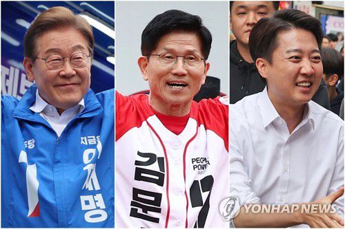 이재명, 김문수, 이준석 후보(안양·안동·수원=연합뉴스) 24일 안양에서 집중유세하는 이재명 후보(왼쪽부터), 안동 방문한 김문수 후보, 수원에서 유세하는 이준석 후보
