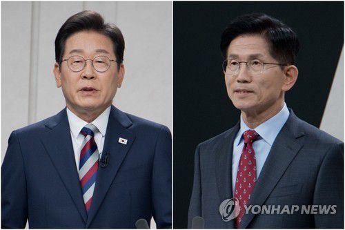 정치 분야 TV 토론회 준비하는 이재명-김문수 후보(서울=연합뉴스) 더불어민주당 이재명(왼쪽)·국민의힘 김문수 대선 후보가 27일 서울 마포구 상암동 MBC 스튜디오에서 진행된 정치 분야 TV토론회를 준비하고 있다. 2025.5.27 [국회사진기자단] photo@yna.co.kr