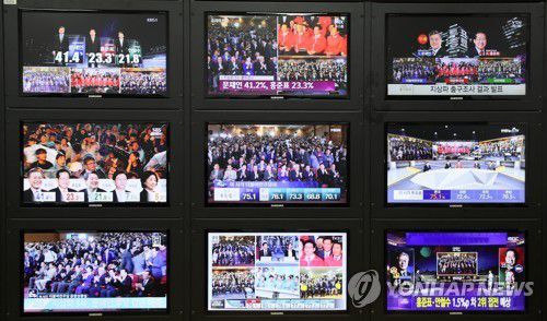 19대 대선 출구조사 결과는? (서울=연합뉴스) 진성철 기자 = 제19대 대통령선거 투표가 끝난 9일 20시께 각 방송사가 일제히 출구조사 결과를 발표하고 있다. 2017.5.9 zjin@yna.co.kr