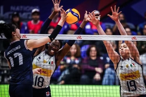 공격하는 한국 여자배구 대표팀의 정호영(17번)[국제배구연맹 홈페이지 캡처. 재판매 및 DB 금지]