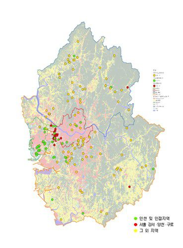 수도권 너구리 개체군 유전적 구조 지도. [국립생물자원관 제공. 재판매 및 DB 금지]