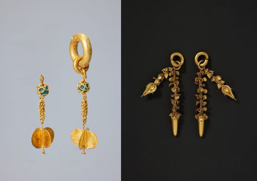 백제의 귀걸이 왼쪽은 공주 왕릉원 2호분 출토 귀걸이, 오른쪽은 무령왕릉 출토 왕비의 장식 귀걸이 [국립부여문화유산연구소 제공. 재판매 및 DB 금지]