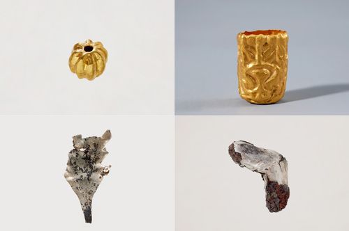 공주 왕릉원 2호분 출토 각종 금 공예품왼쪽 위부터 시계 방향으로 금구슬, 장식 칼 부속, 칼 손잡이 고리 장식 조각, 나뭇잎 장식 [국립부여문화유산연구소 제공. 재판매 및 DB 금지]