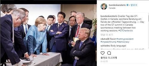 2018년 G7 정상회의에서 '담판 짓는 듯한 모습'의 정상들[연합뉴스 자료사진]