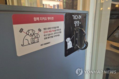 "기다려 댕댕"(서울=연합뉴스) 이승연 기자 = 지난 19일 서울 마포구 경의선숲길에 위치한 할리스커피의 펫 프렌들리 매장에 붙어있는 '목줄 착용' 안내문. 2025.6.21 winkite@yna.co.kr